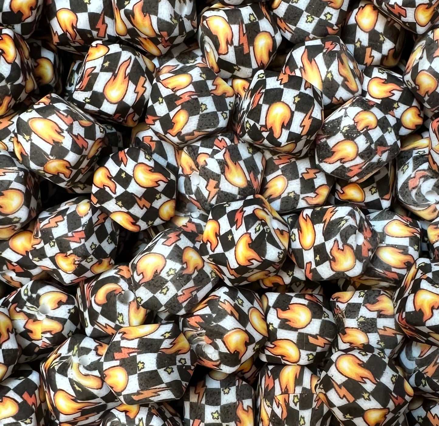 14mm HEXAGON Print Flame Checkered Flag EXCLUSIVE Printed Silicone Beads