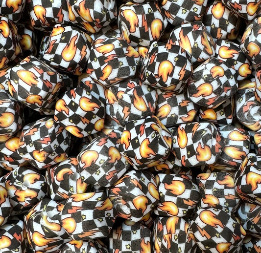 14mm HEXAGON Flame Checkered Flag EXCLUSIVE Printed Silicone Beads