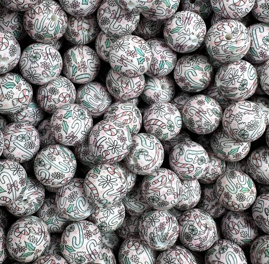 15mm Print Christmas Candy EXCLUSIVE Round Silicone Beads