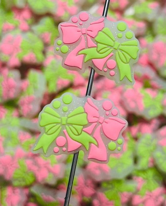 M- Pink and Green Bow Silicone Focal Bead, Ribbon Silicone Bead, Bow Shape Silicone Bead