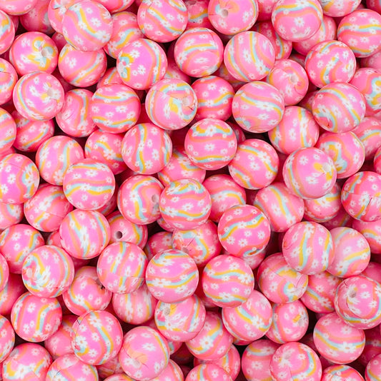 15mm Print Groovy Daisies Round Silicone Beads