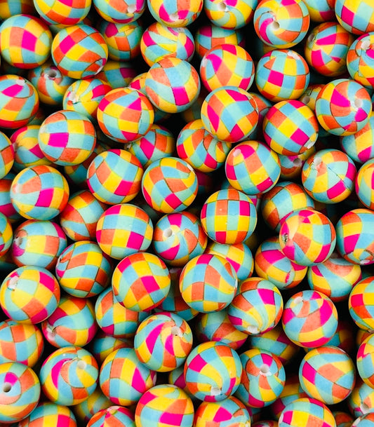 15mm Print Bright Checker EXCLUSIVE Round Silicone Beads