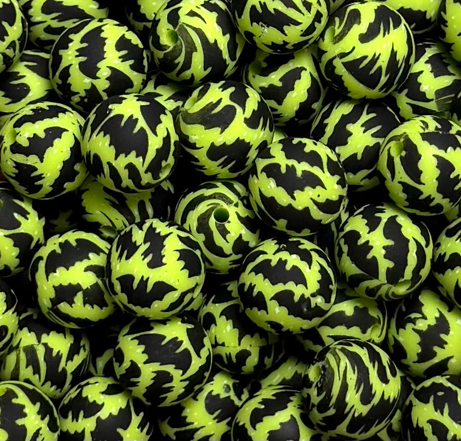15mm Print Lime Green BATS  EXCLUSIVE Round Silicone Beads