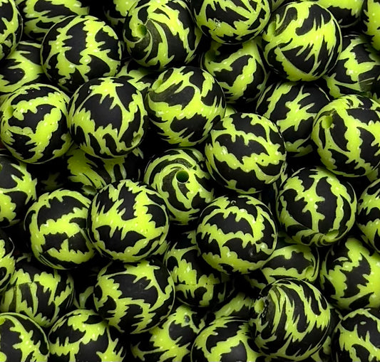 15mm Print Lime Green BATS  EXCLUSIVE Round Silicone Beads