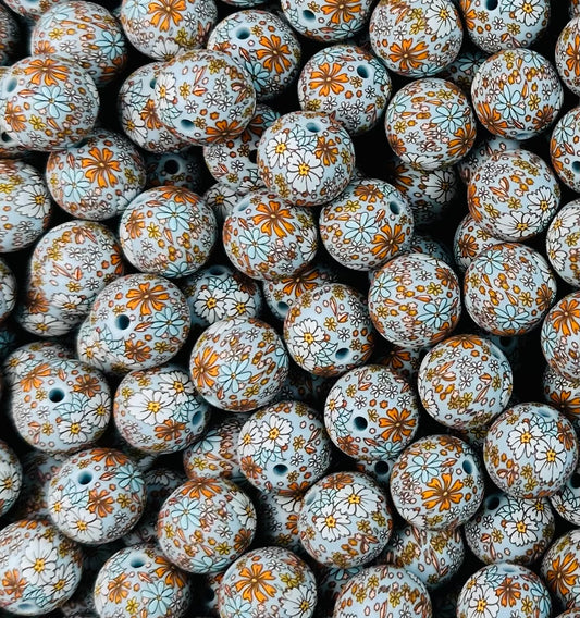 15mm Print Floral (Two Busy Babies) Round Silicone Beads