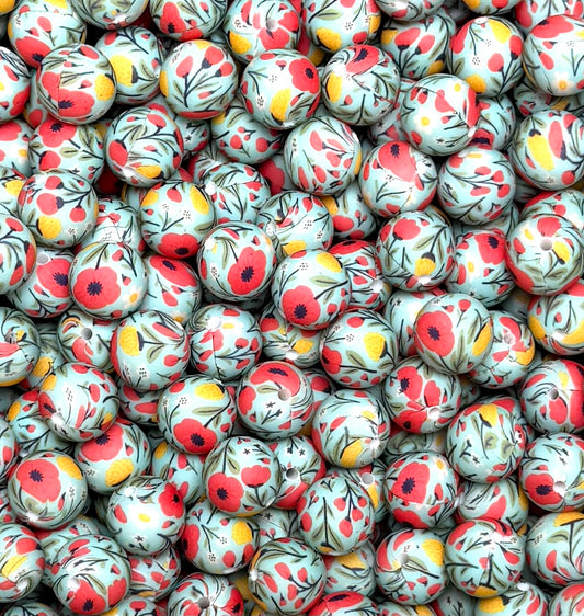 15mm Print Poppies EXCLUSIVE Silicone Beads, Silicone Print Bead