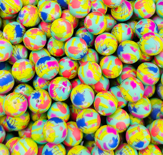 15mm Print Neon Paint Splatter Round Silicone Beads