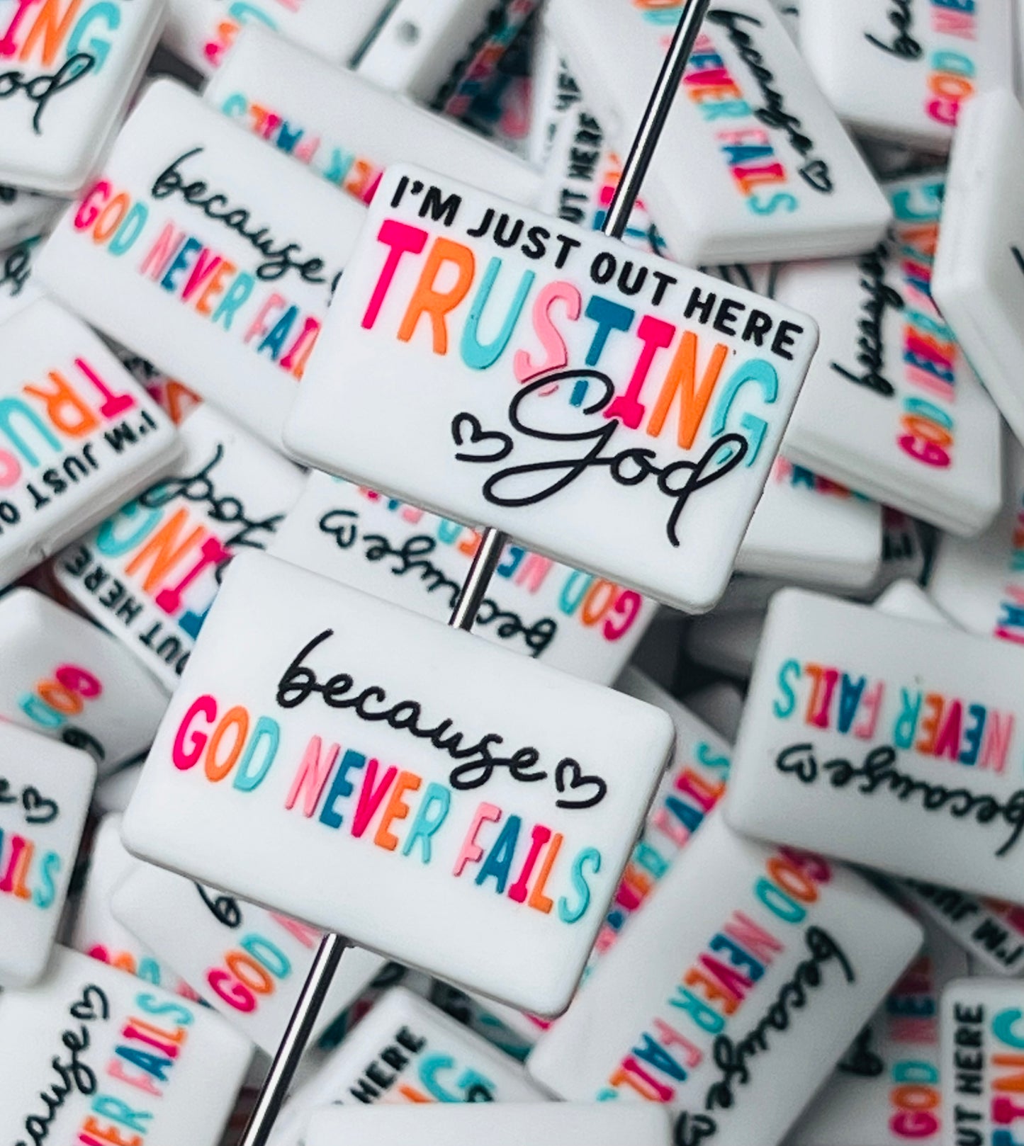 R- I'm Just Out Here Trusting God Silicone Focal Bead, Religious Silicone Focal Bead