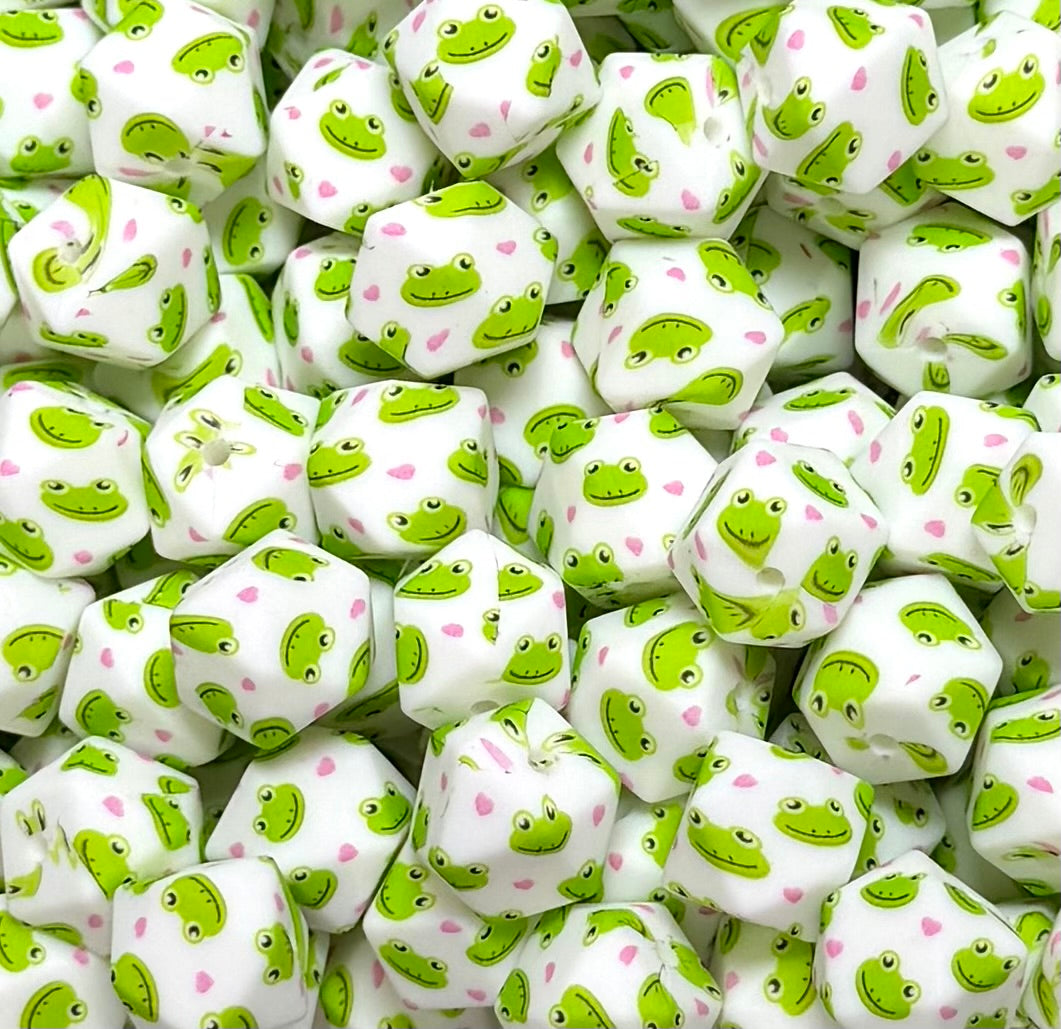 14mm Hexagon Print Frogs EXCLUSIVE Printed Silicone Bead