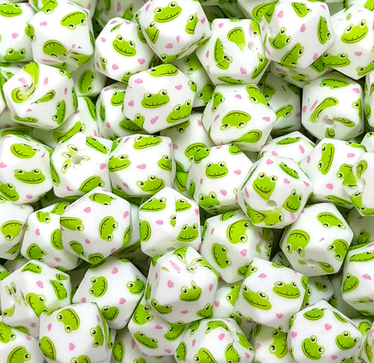 14mm Hexagon Print Frogs EXCLUSIVE Printed Silicone Bead