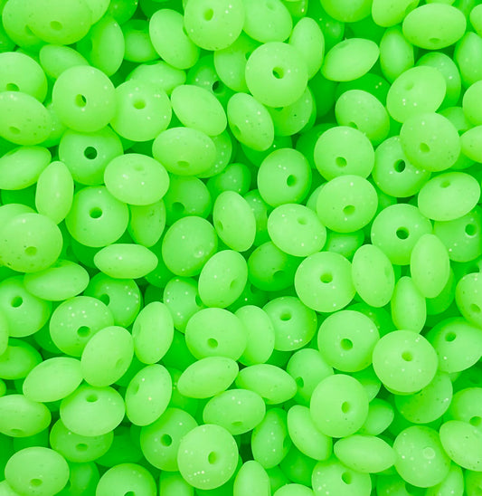 12mm Lentil GLITTER Green Silicone Beads