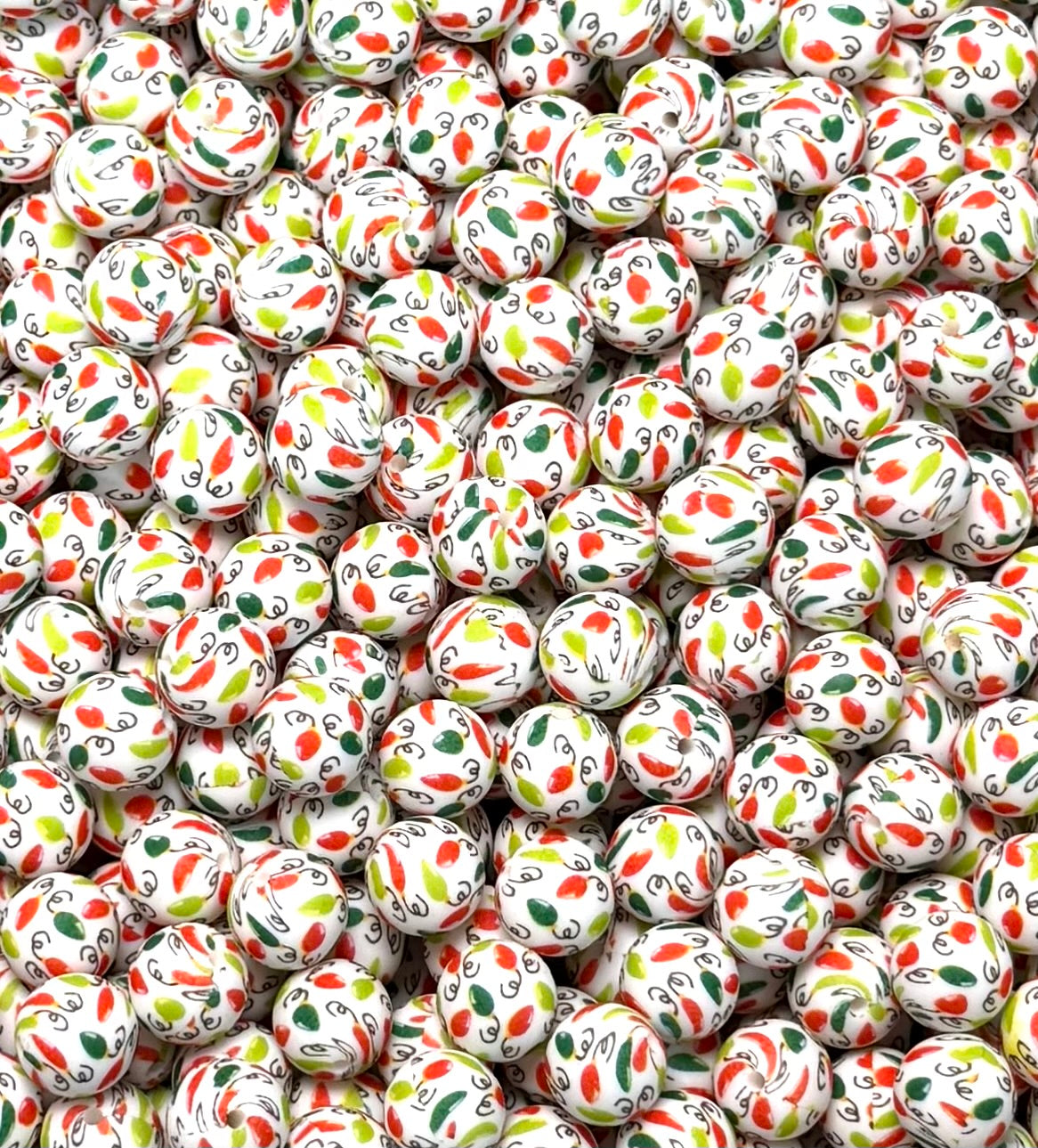 15mm Print Christmas Lights Stripe Round Silicone Beads