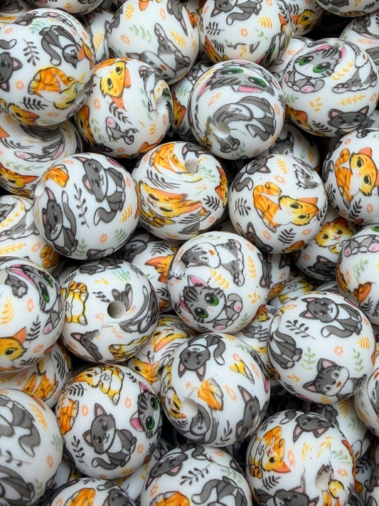 15mm Print Cats Silicone Beads