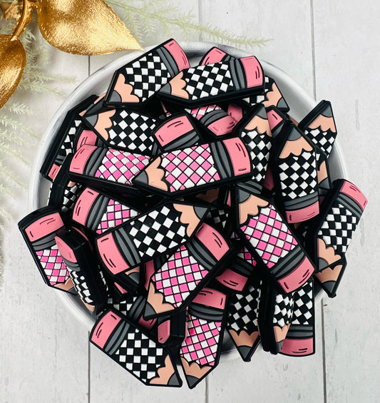 Exclusive Checkered Pencil Silicone Focal Bead, Teacher Silicone Bead