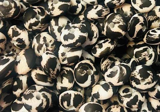 12mm Lentil Print SNOW Leopard Silicone Bead