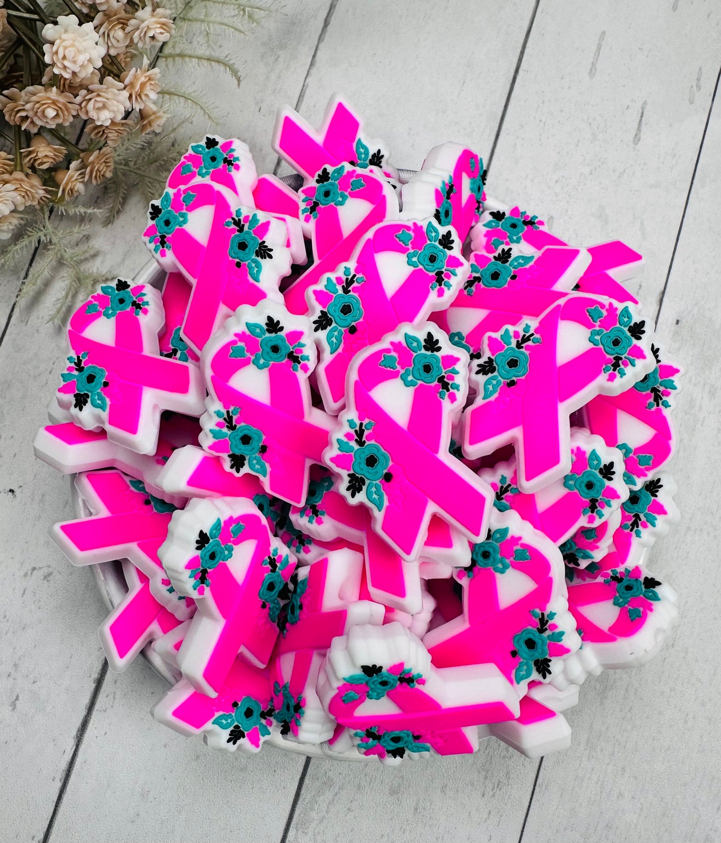 Flower Awareness Ribbon Focal Bead, Health Silicone Bead