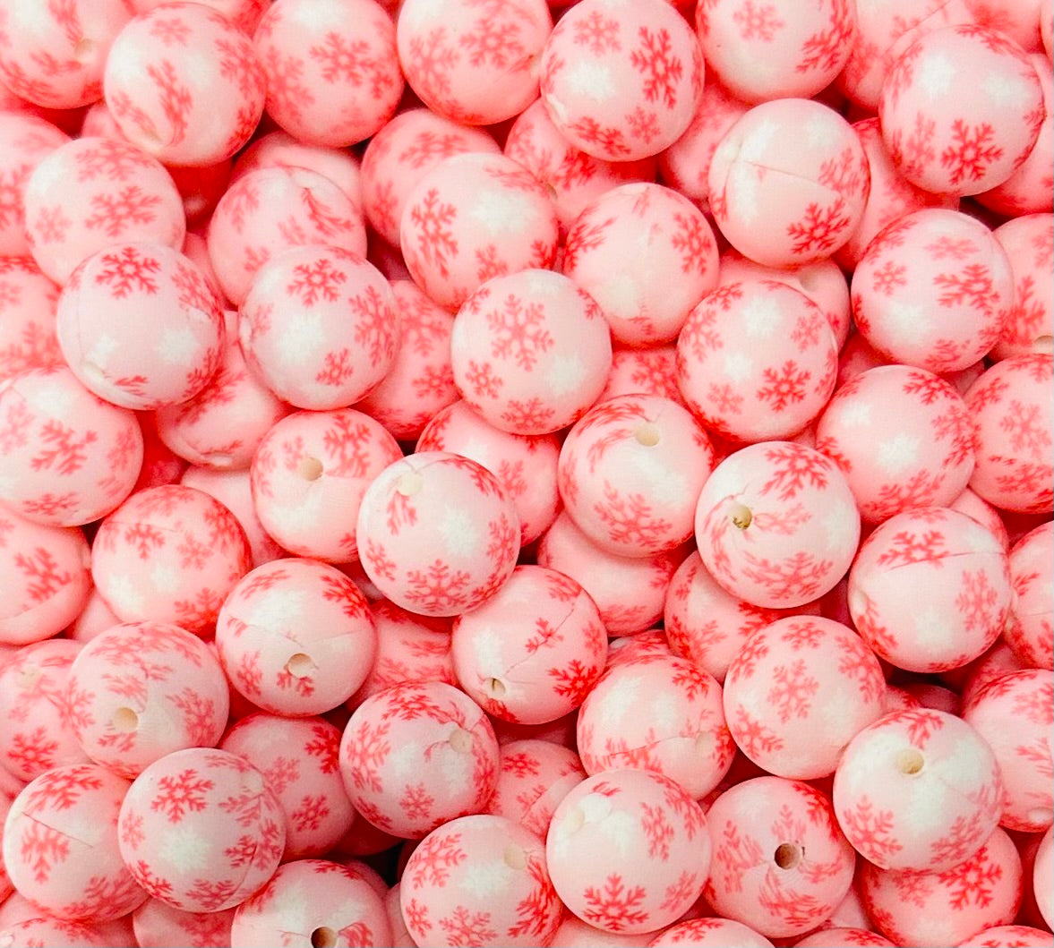 15mm Print Pink Snowflakes EXCLUSIVE Round Silicone Beads, Christmas Silicone Beads