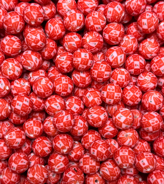 15mm Print CHERRY Checkers EXCLUSIVE Round Silicone Beads