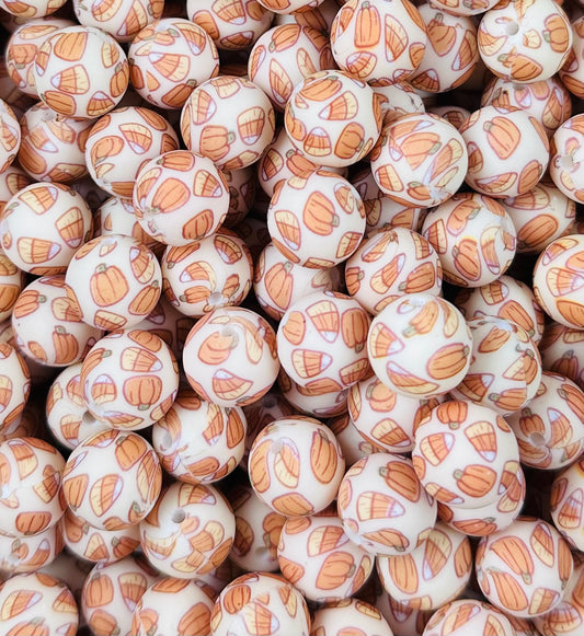 15mm Print Candy Corns & Pumpkins EXCLUSIVE Round Silicone Beads, Fall Print Silicone Beads