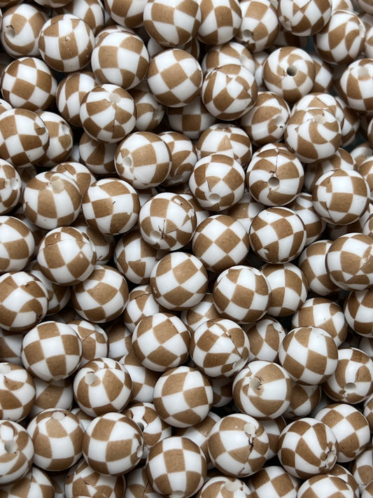 12mm Round Print Brown Checker EXCLUSIVE Round Silicone Beads