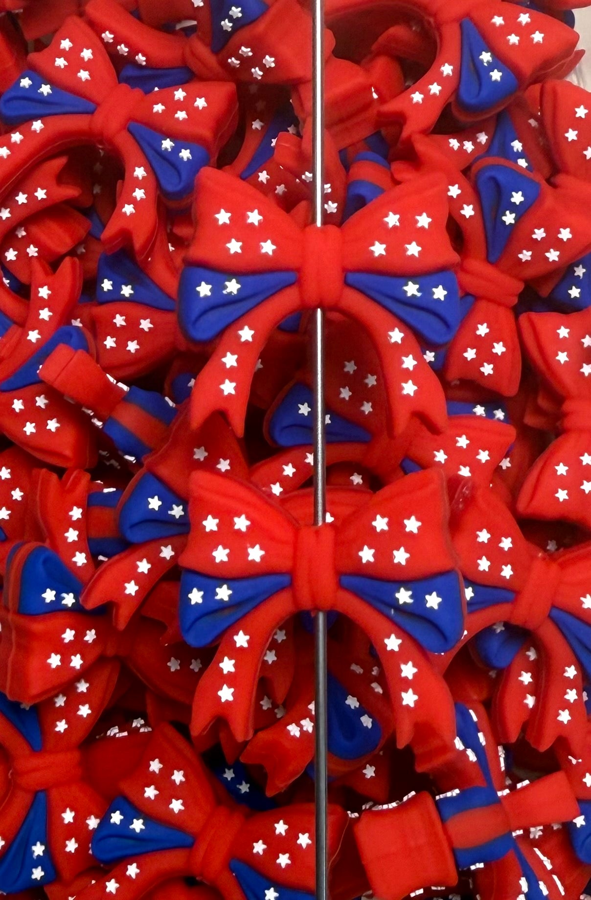 U- USA Stars & Stripes Bow EXCLUSIVE Silicone Focal Bead, Ribbon Silicone Bead, Bow Shape Silicone Bead