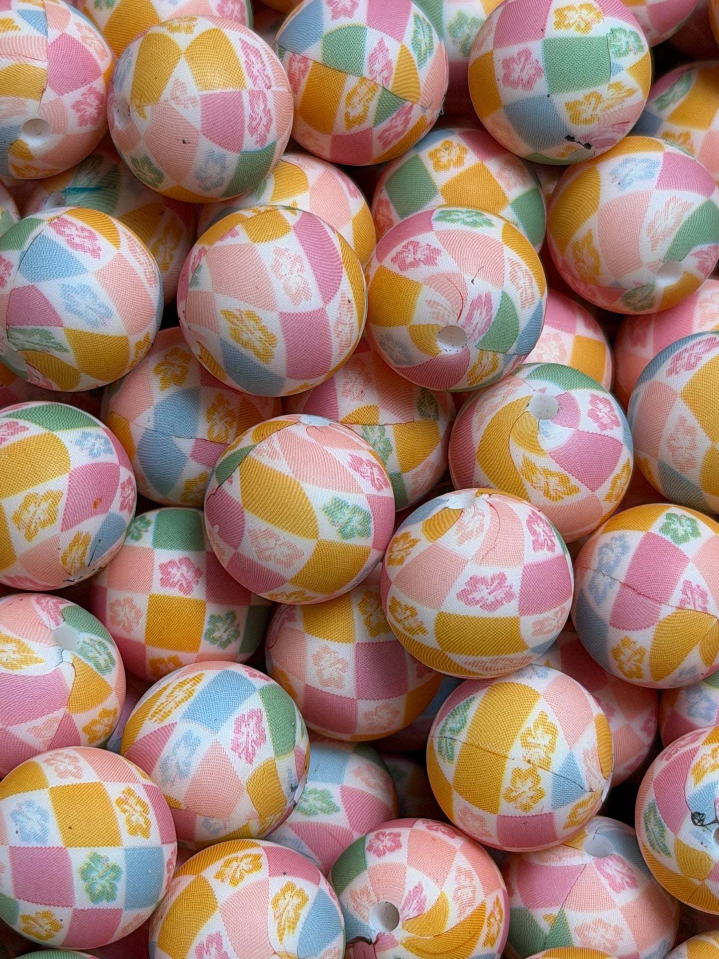 15mm Print Hibiscus Checker EXCLUSIVE Silicone Bead, Flower Print Bead
