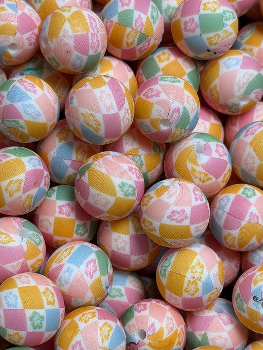 15mm Print Hibiscus Checker EXCLUSIVE Silicone Bead, Flower Print Bead