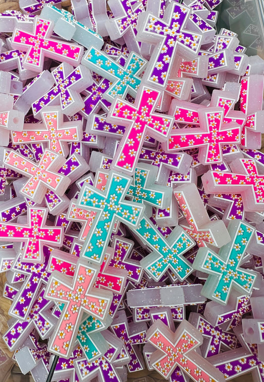 Glitter Daisy Cross Silicone Focal Bead, Cross Shape Silicone Focal Bead