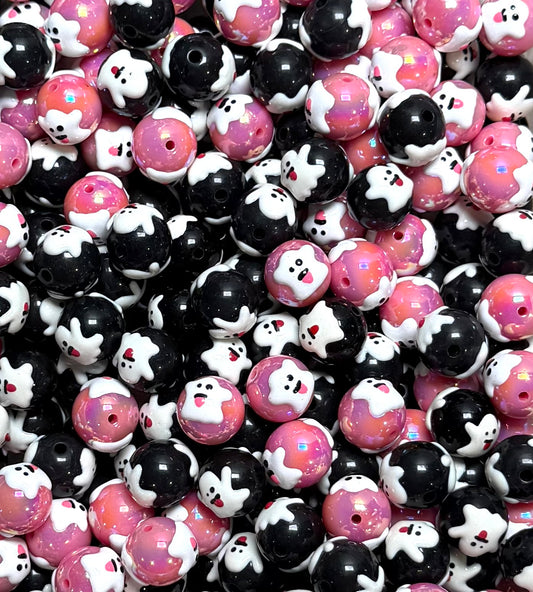 16mm GHOSTS Round ACRYLIC Beads, Halloween Acrylic Bead
