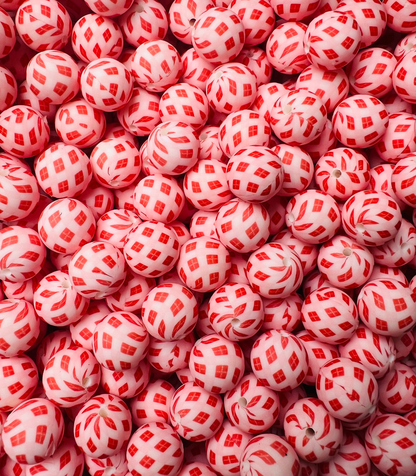 15mm Print Valentine Gingham EXCLUSIVE Round Silicone Beads