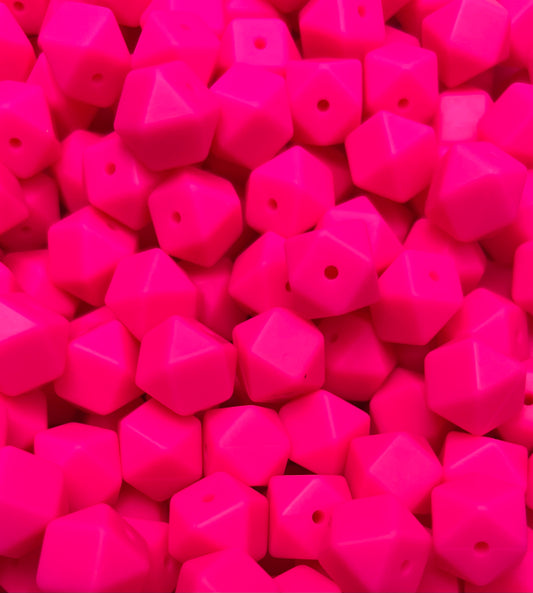 14mm Hexagon Solid Bright Pink Silicone Beads