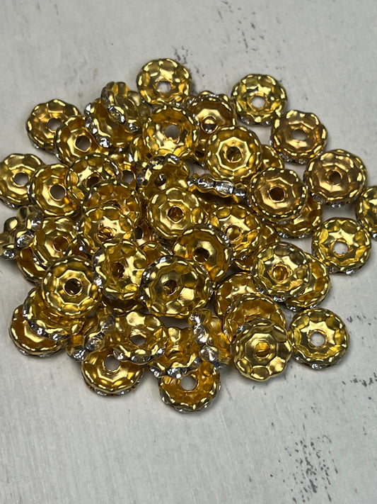 10mm Scalloped Gold Rhinestone Spacer Bead-Pack of 10, Rondelle Spacer Bead