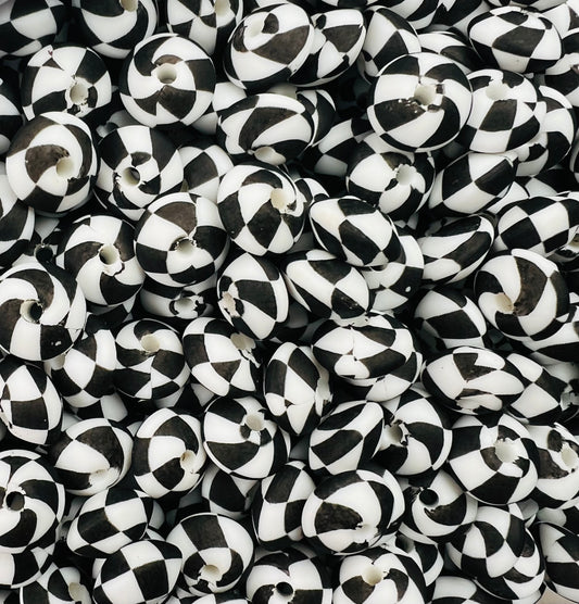 12mm Lentil Black Checker EXCLUSIVE Silicone Print Beads