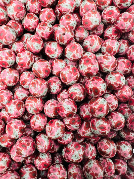 15mm Print Christmas FLOWERS EXCLUSIVE Round Silicone Beads, Christmas Silicone Beads