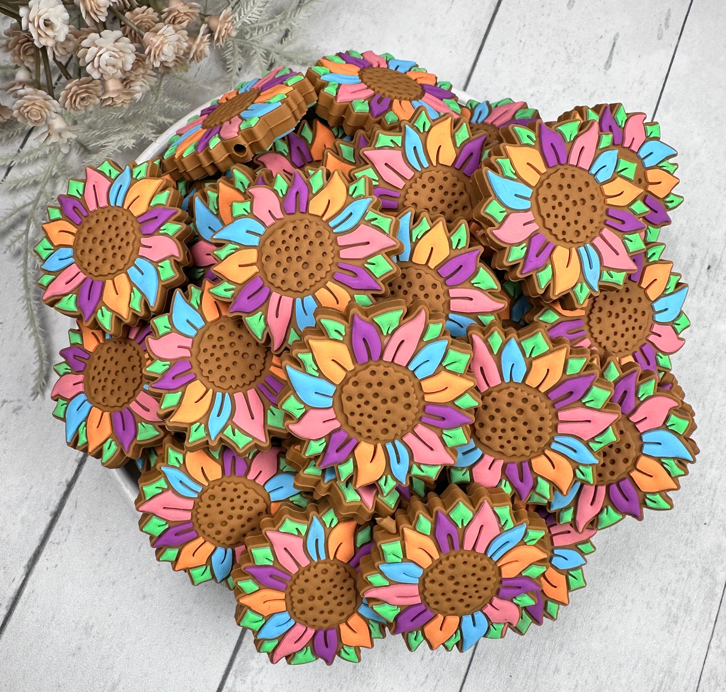 Pastel Western Sunflower Silicone Focal Bead, Flower Shape Silicone Bead