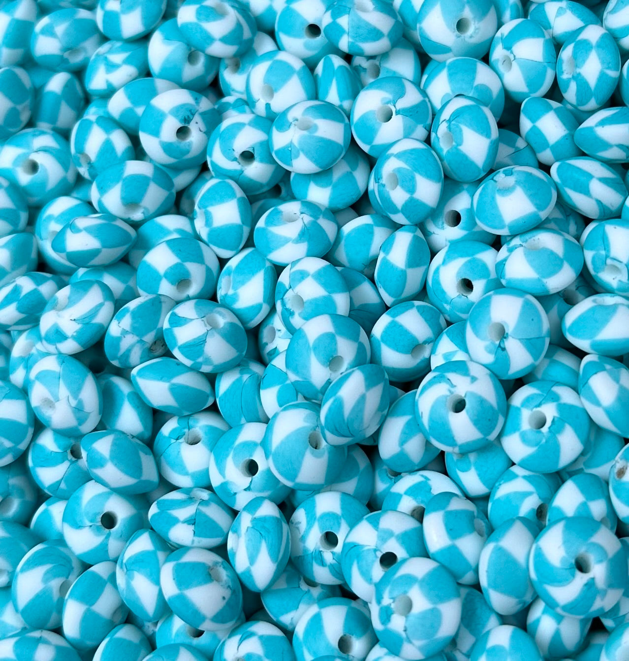 12mm Lentil Print Turquoise Checker EXCLUSIVE Silicone Print Beads