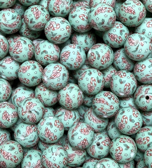 15mm Print Candy Canes EXCLUSIVE Round Silicone Beads