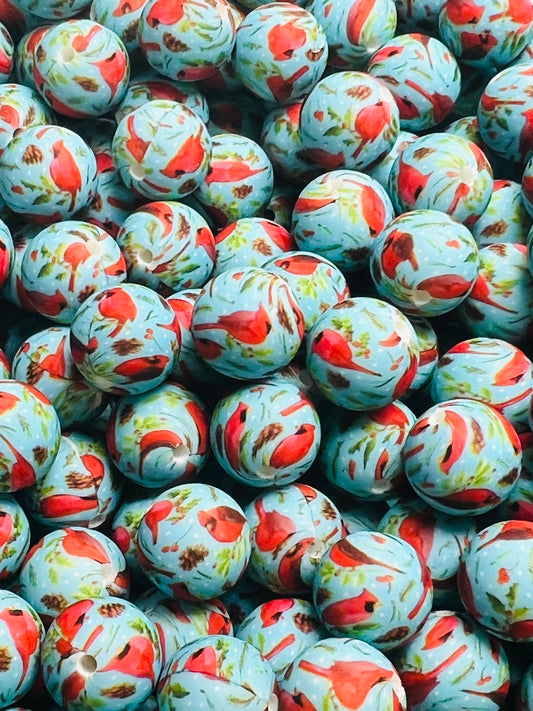15mm Print Cardinals EXCLUSIVE Silicone Beads, Winter Silicone Print Bead