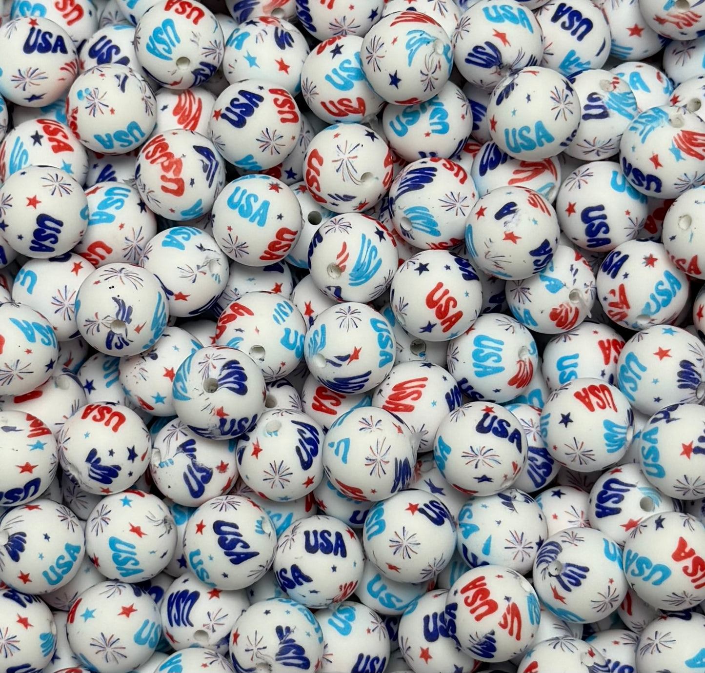 15mm Print Fireworks and Freedom Silicone Bead, 4th of July Print Bead