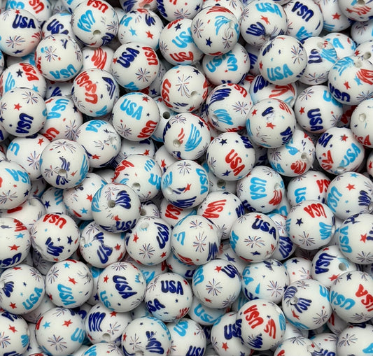 15mm Print Fireworks and Freedom Silicone Bead, 4th of July Print Bead
