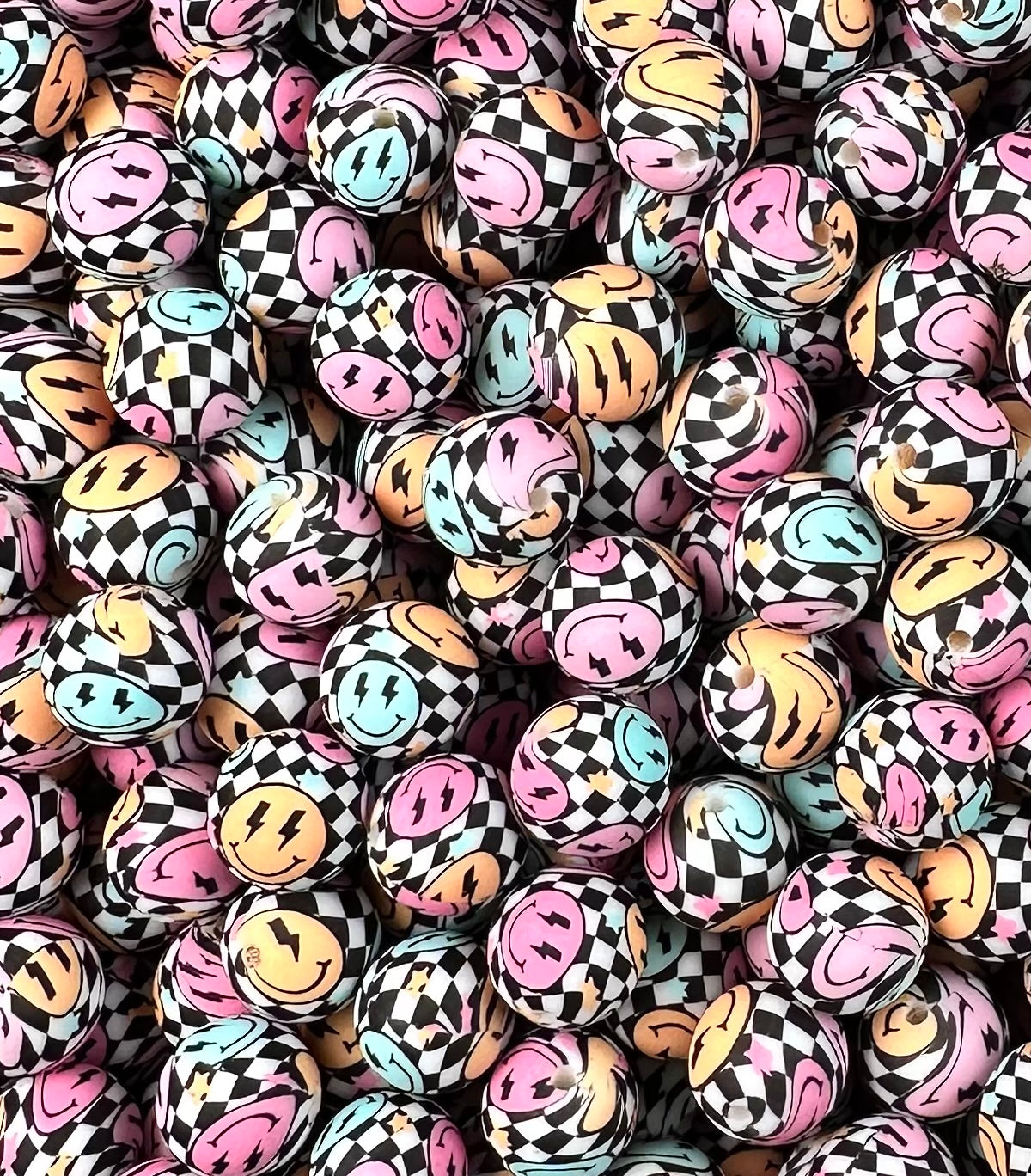 15mm Print Retro Happy Face Checker EXCLUSIVE Round Silicone Beads