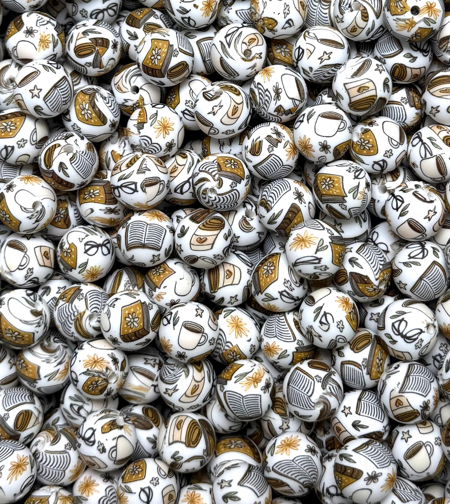 15mm Print Cozy Chapters Round Silicone Beads, Coffee and Books Silicone Bead