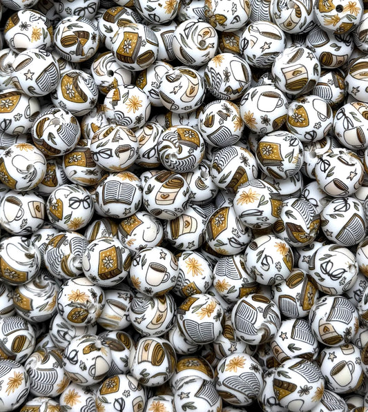 15mm Print Cozy Chapters Round Silicone Beads, Coffee and Books Silicone Bead