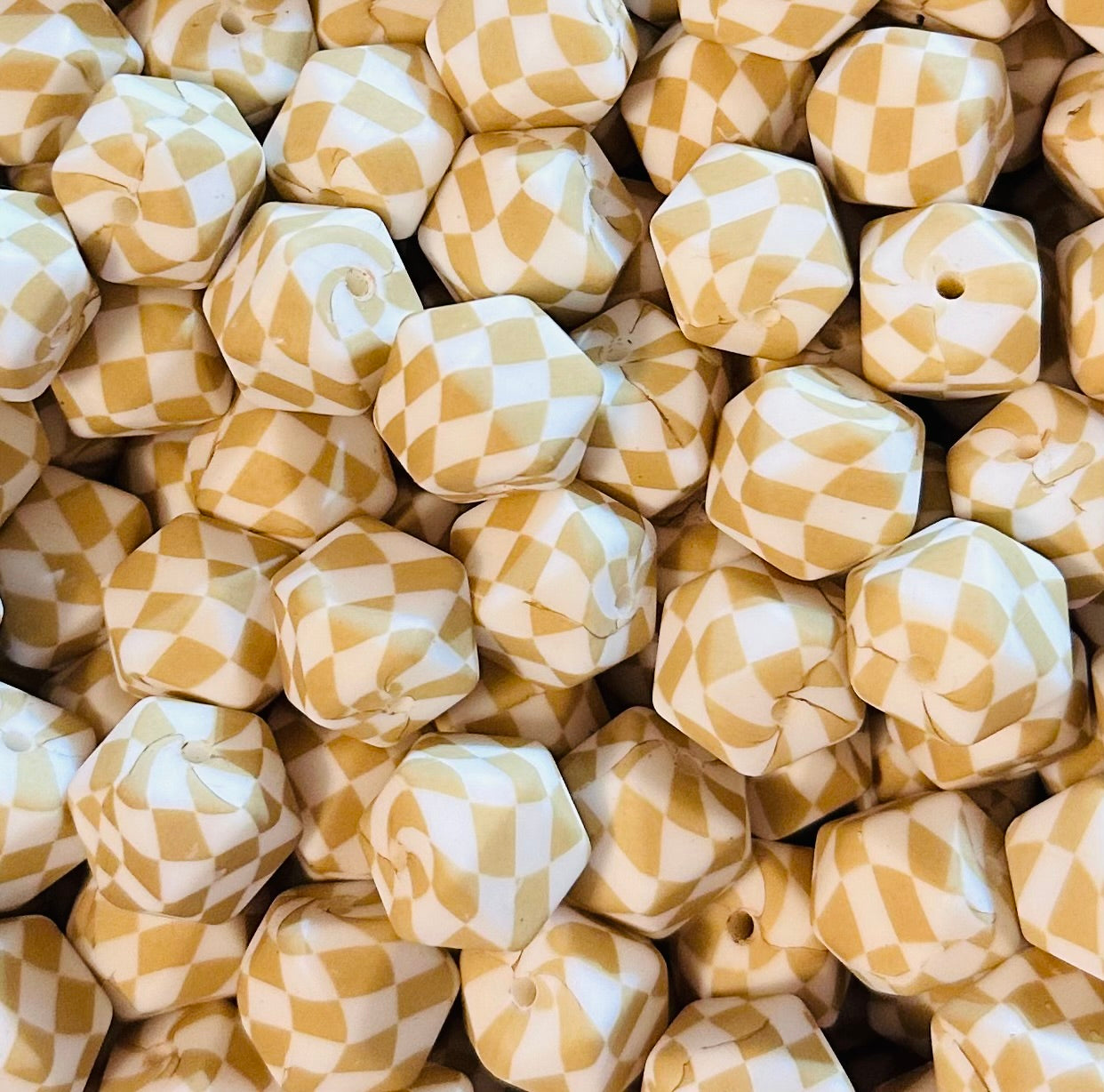 14mm HEXAGON Custom Tan Checkered Flag Printed Silicone Beads