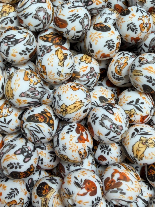 15mm Print Dogs Silicone Beads
