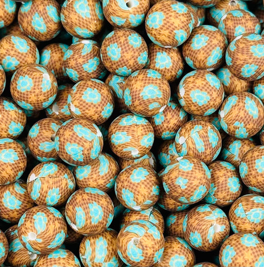 15mm Print Boujee Turquoise Round Silicone Beads