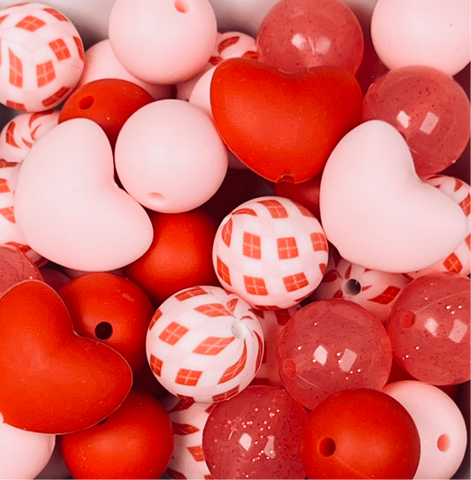 *Bead Mix-Valentine Gingham Silicone Bead Mix, Valentine Bead Mix