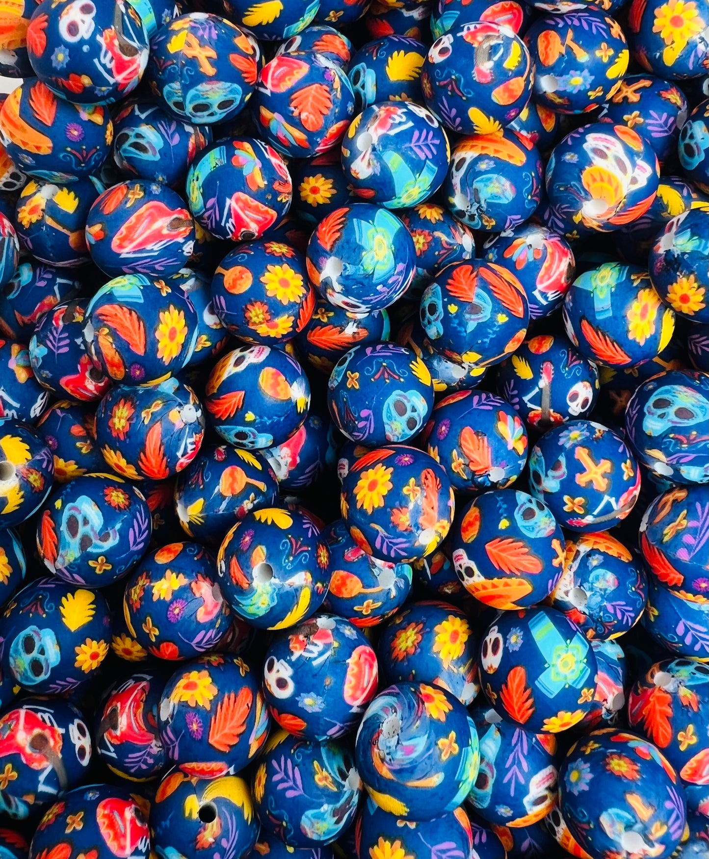 15mm Print Dia De Los Muertos Round Silicone Beads, Halloween Print Beads