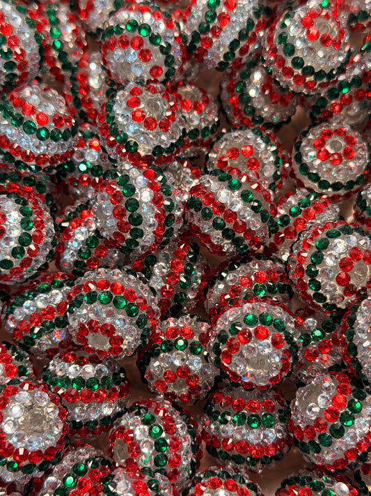 20mm Christmas STRIPES Rhinestone Round Acrylic Beads