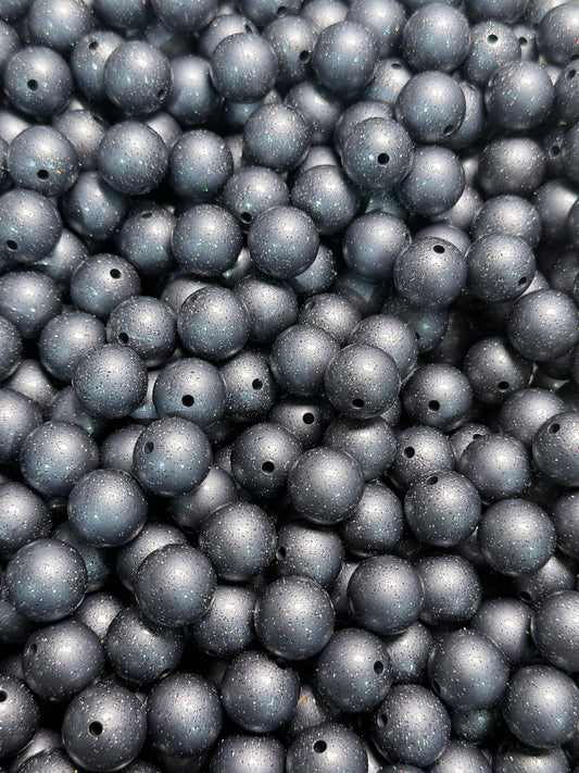 15mm GLITTER GREY Galaxy Round Silicone Beads